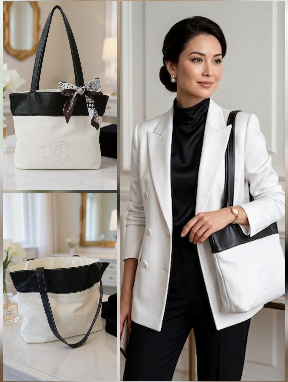 Chanel Vintage Black and White Lambskin CC Tote ✨ COA